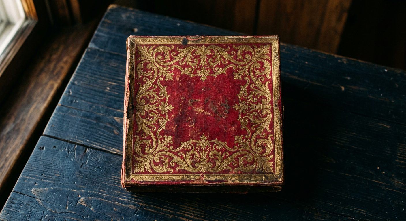 Una scatola regalo rossa e oro su un tavolo di legno